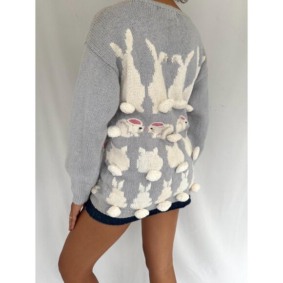 90s vintage bunny rabbit easter holiday novelty animal ugly hand knit sweater - Picture 3 of 8